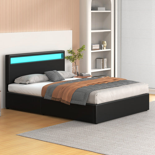 HOXTON ROOM BLACK CALEDON PU LEATHER GAS LIFT STORAGE BED WITH LED