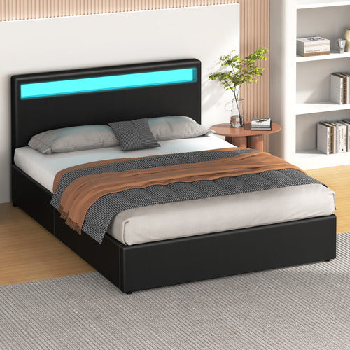 HOXTON ROOM BLACK CALEDON PU LEATHER GAS LIFT STORAGE BED WITH LED