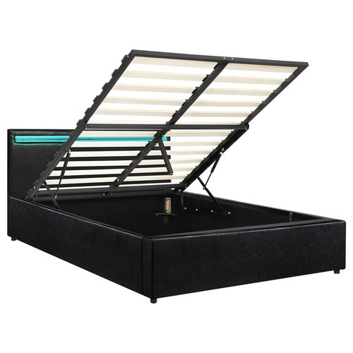 LIVING FUSION BLACK COLSON FAUX LEATHER GAS LIFT BED WITH LED