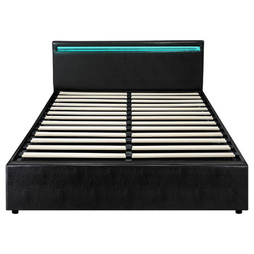 LIVING FUSION BLACK COLSON FAUX LEATHER GAS LIFT BED WITH LED