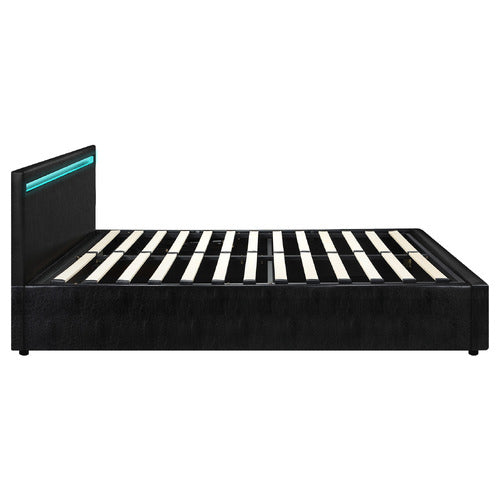 LIVING FUSION BLACK COLSON FAUX LEATHER GAS LIFT BED WITH LED