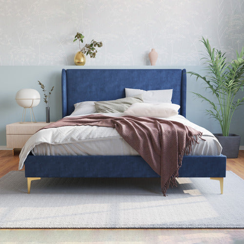 RAWSON & CO BLUE ZHENG VELVET BED FRAME WITH GOLD LEGS