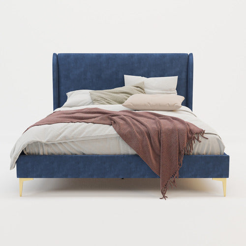 RAWSON & CO BLUE ZHENG VELVET BED FRAME WITH GOLD LEGS