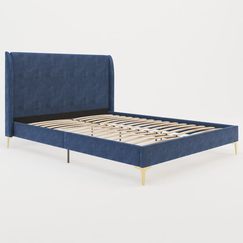 RAWSON & CO BLUE ZHENG VELVET BED FRAME WITH GOLD LEGS