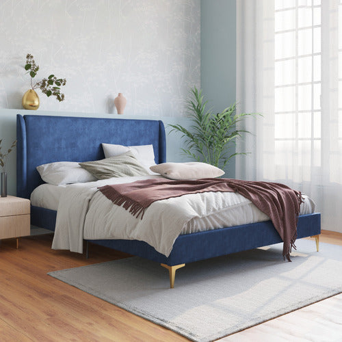 RAWSON & CO BLUE ZHENG VELVET BED FRAME WITH GOLD LEGS