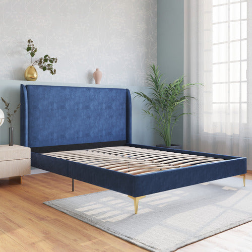 RAWSON & CO BLUE ZHENG VELVET BED FRAME WITH GOLD LEGS