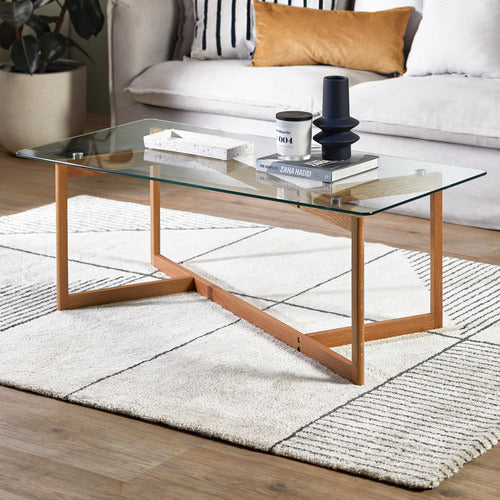 CHARLES SCULPTURAL GLASS AND OAK SOLID COFFEE TABLE