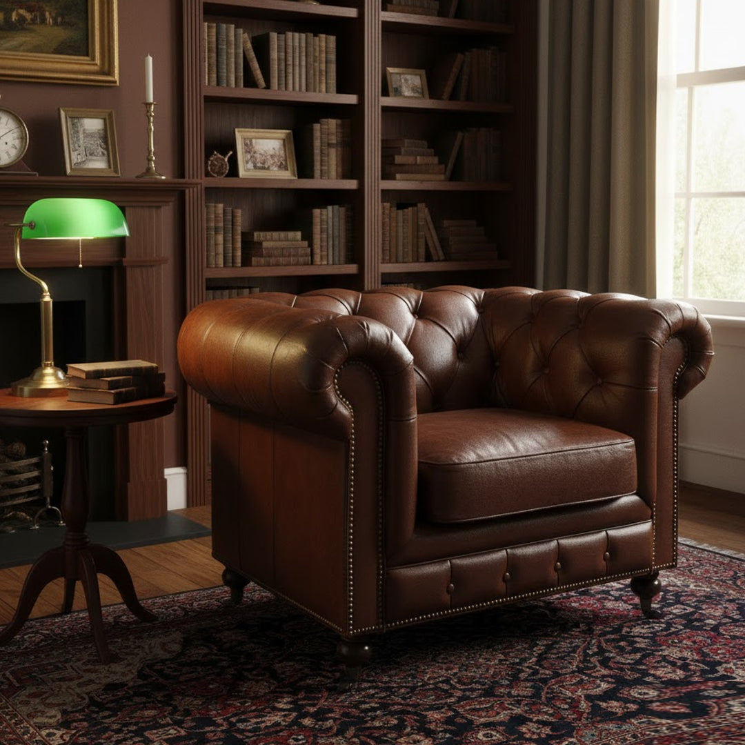 CHARTWELL HOME CRISTY CHESTERFIELD AGED COWHIDE LEATHER ARMCHAIR