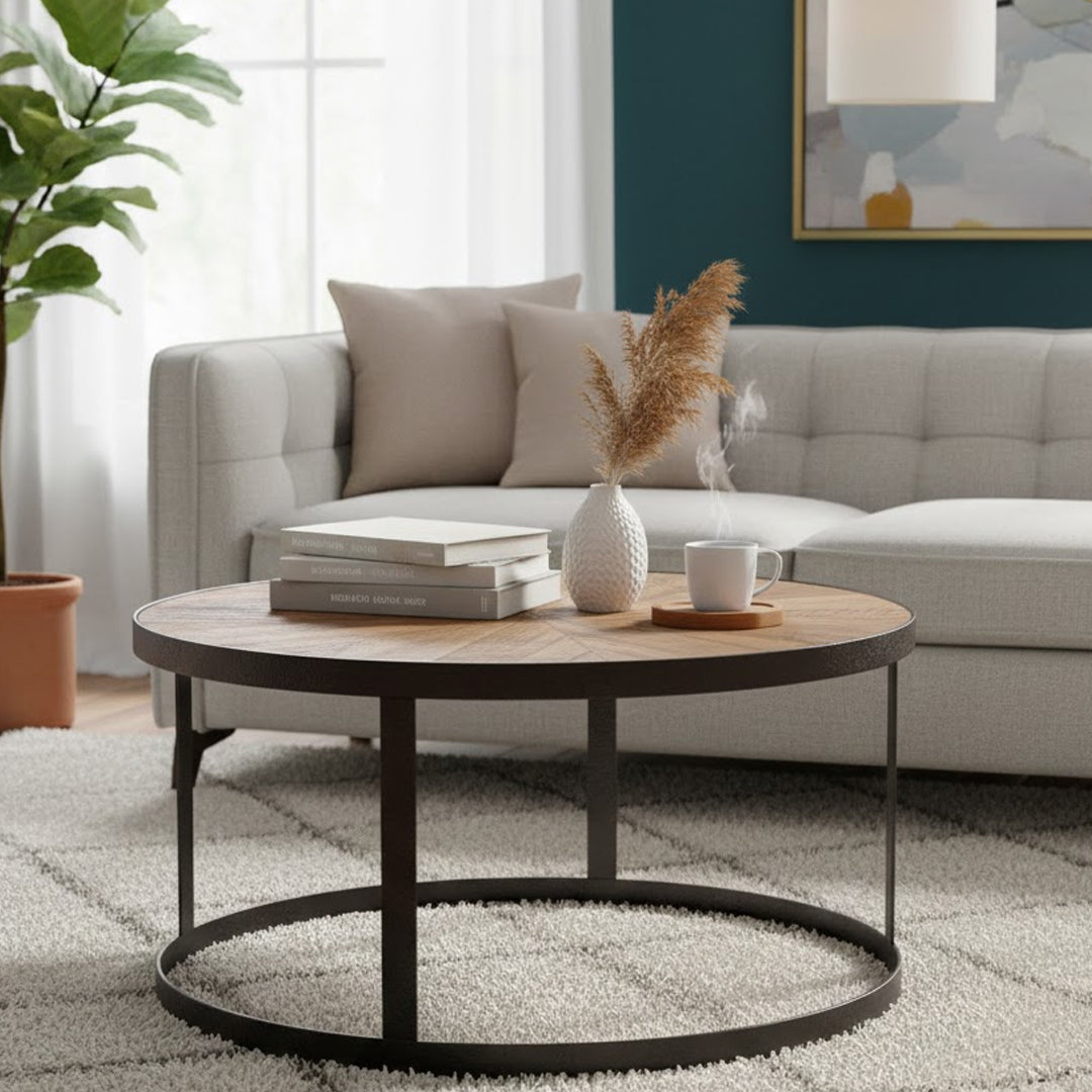CHARTWELL HOME LETHIA ROUND RECLAIMED OAK WOOD COFFEE TABLE