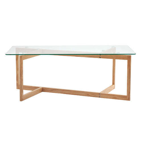 CHARLES SCULPTURAL GLASS AND OAK SOLID COFFEE TABLE