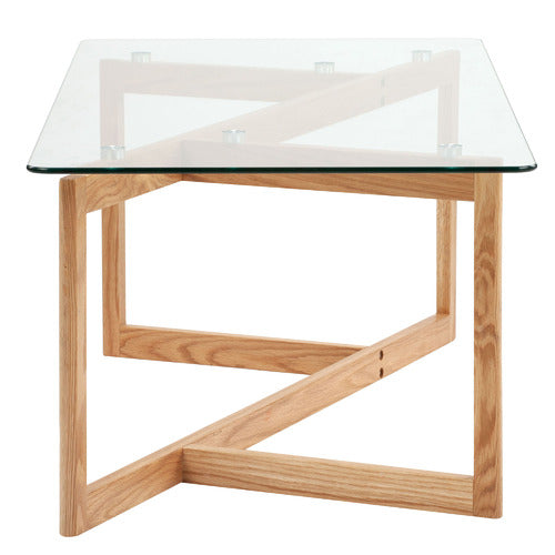 CHARLES SCULPTURAL GLASS AND OAK SOLID COFFEE TABLE