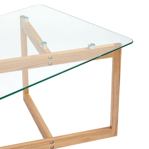 CHARLES SCULPTURAL GLASS AND OAK SOLID COFFEE TABLE