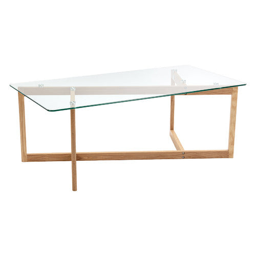 CHARLES SCULPTURAL GLASS AND OAK SOLID COFFEE TABLE