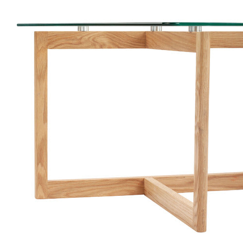 CHARLES SCULPTURAL GLASS AND OAK SOLID COFFEE TABLE