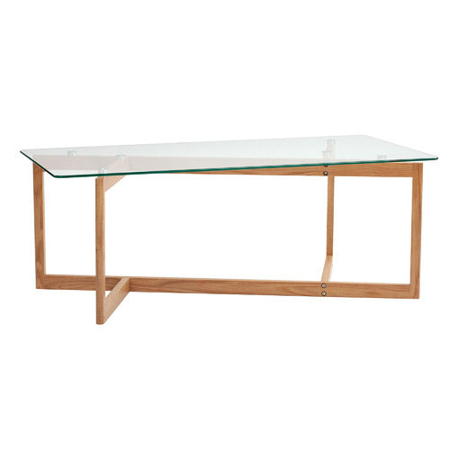 CHARLES SCULPTURAL GLASS AND OAK SOLID COFFEE TABLE