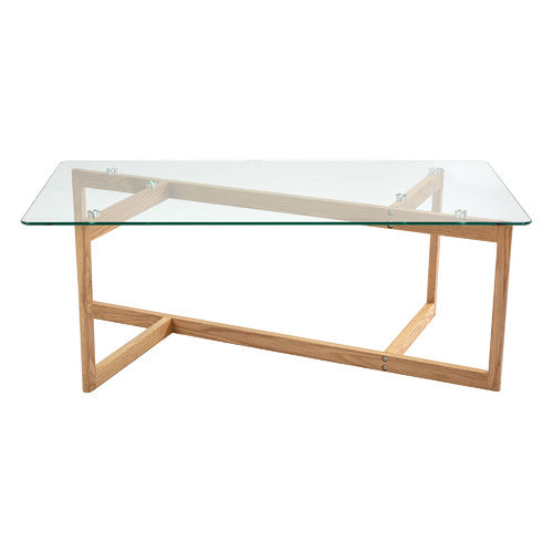 CHARLES SCULPTURAL GLASS AND OAK SOLID COFFEE TABLE