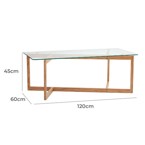 CHARLES SCULPTURAL GLASS AND OAK SOLID COFFEE TABLE