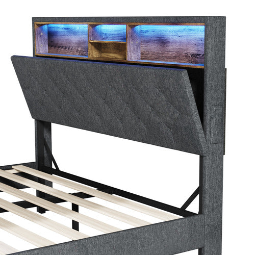 LIVING FUSION CROSBY UPHOLSTERED BED WITH STORAGE HEADBOARD & LED