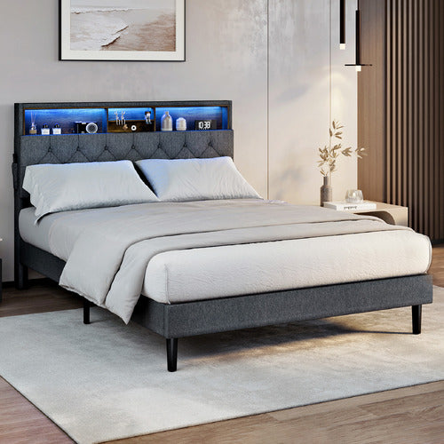 LIVING FUSION CROSBY UPHOLSTERED BED WITH STORAGE HEADBOARD & LED