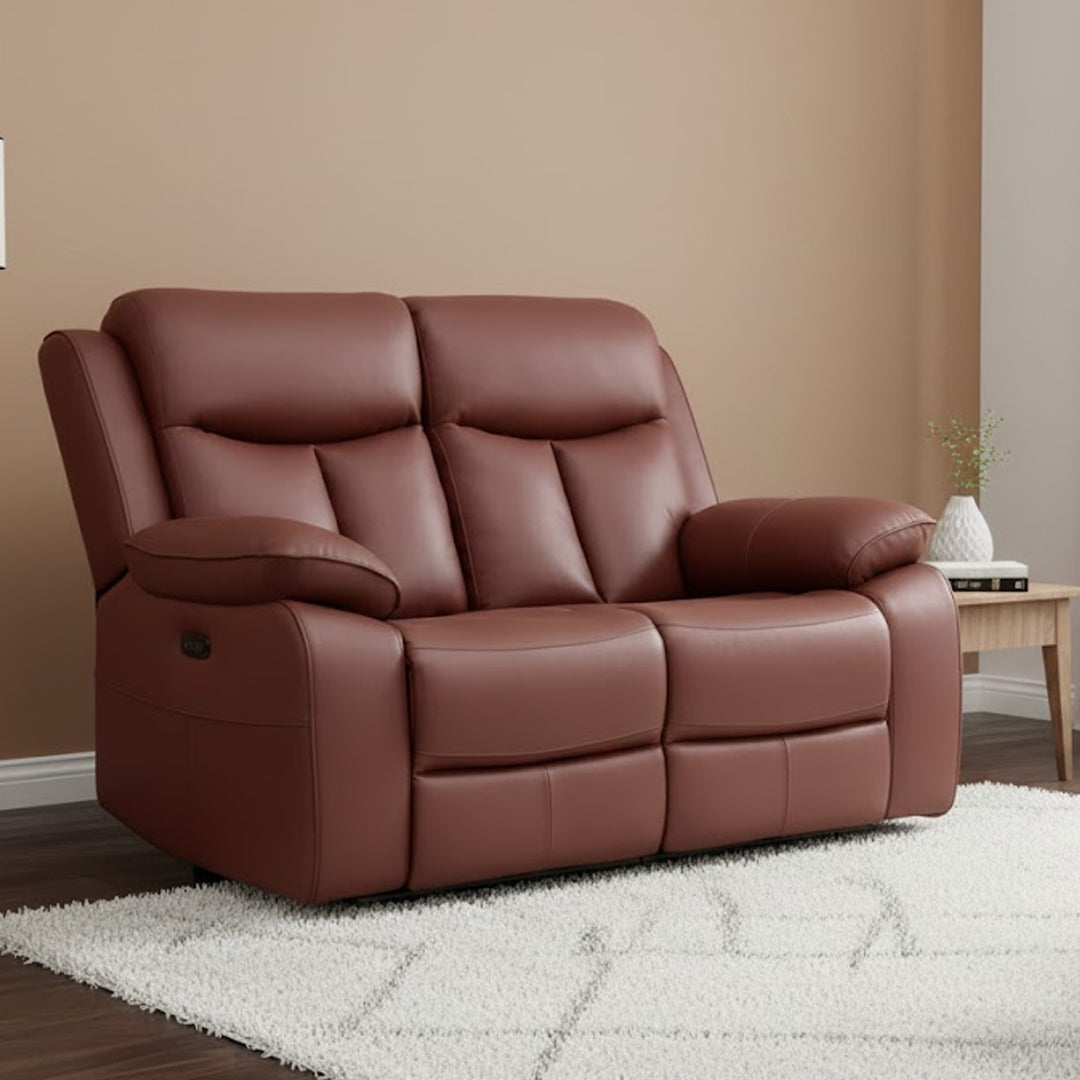 DACIA LEATHER 2 SEATER SOFA WITH INBUILT ELECTRIC RECLINERS BURNT ORANGE