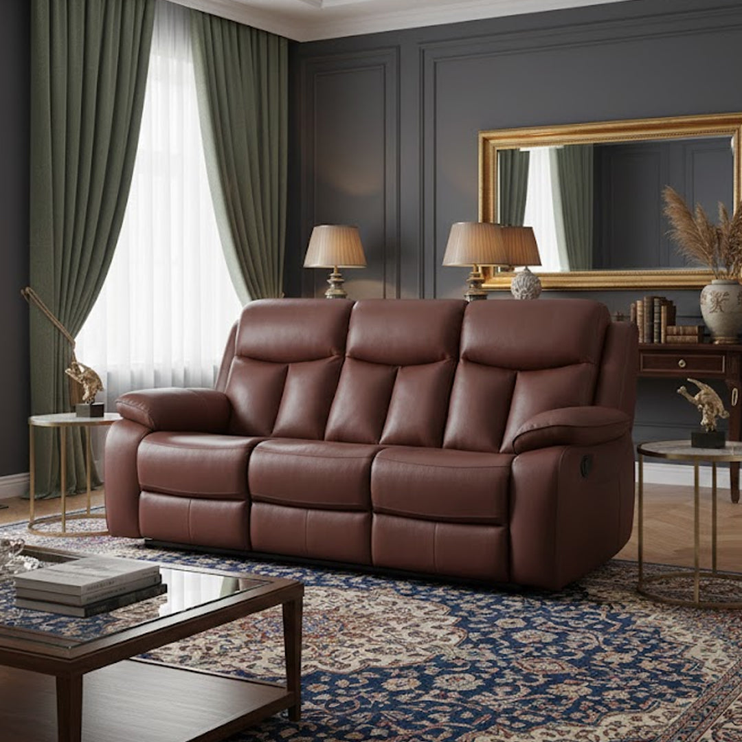 DACIA LEATHER 3 SEATER SOFA WITH 2 INBUILT ELECTRIC RECLINERS BURNT ORANGE