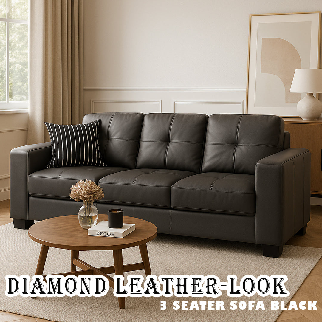 DIAMOND LEATHER-LOOK 3 SEATER SOFA BLACK