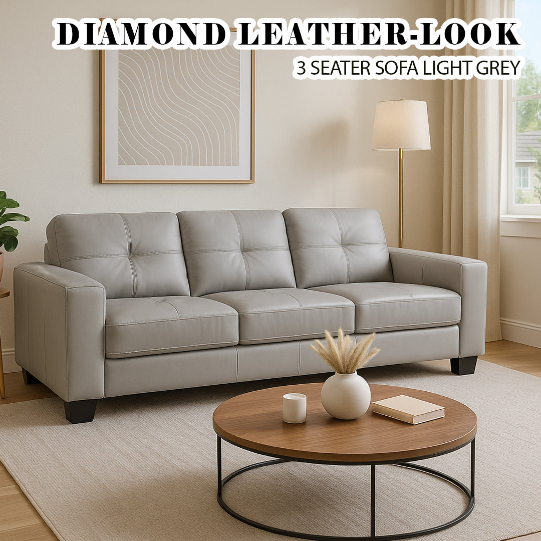DIAMOND LEATHER-LOOK 3 SEATER SOFA LIGHT GREY
