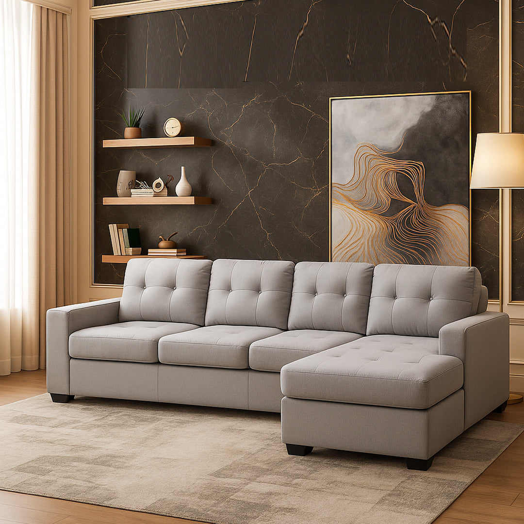 DIAMOND LEATHER-LOOK RIGHT-HAND FACING CORNER CHAISE WITH SOFA BED LIGHT GREY