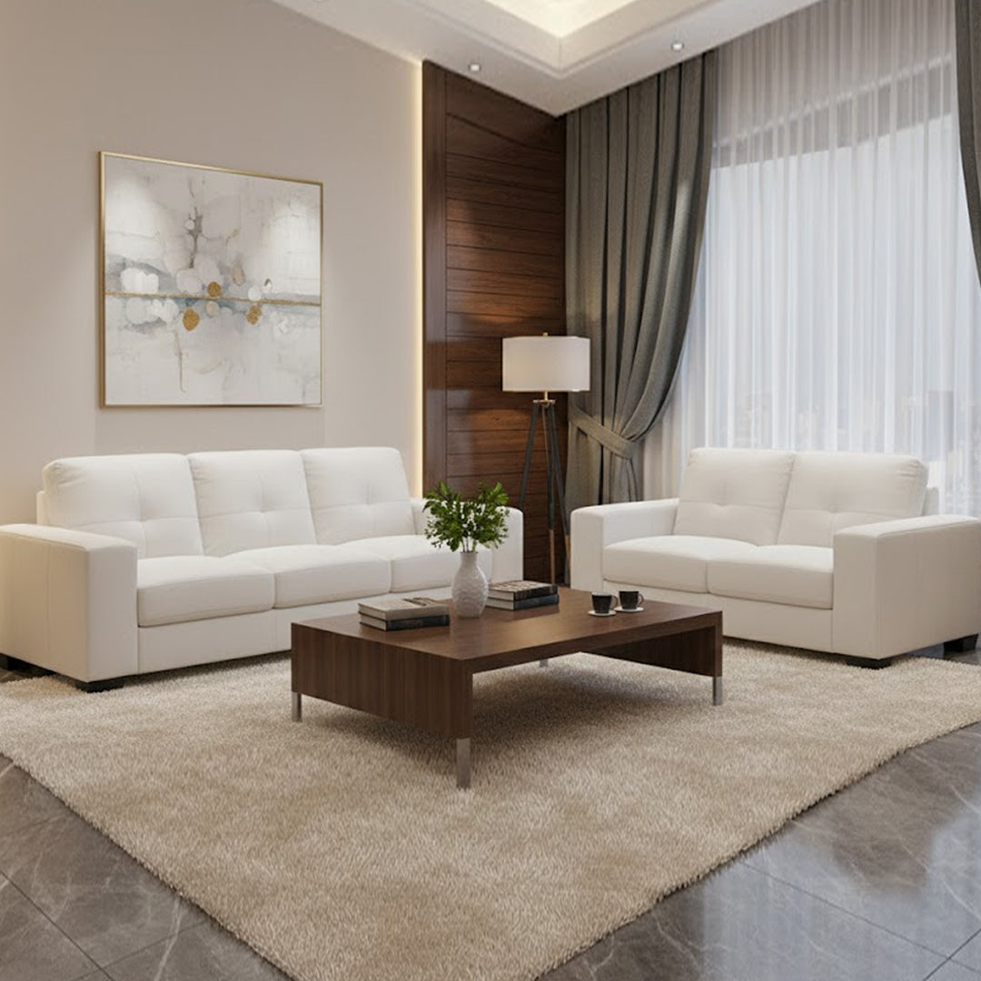 DIAMOND LEATHER-LOOK SOFA PAIR BEIGE