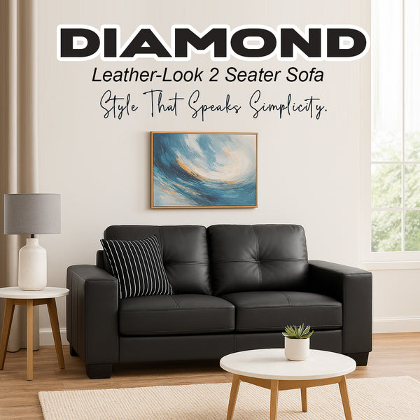 DIAMOND Leather-Look 2 Seater Sofa BLACK