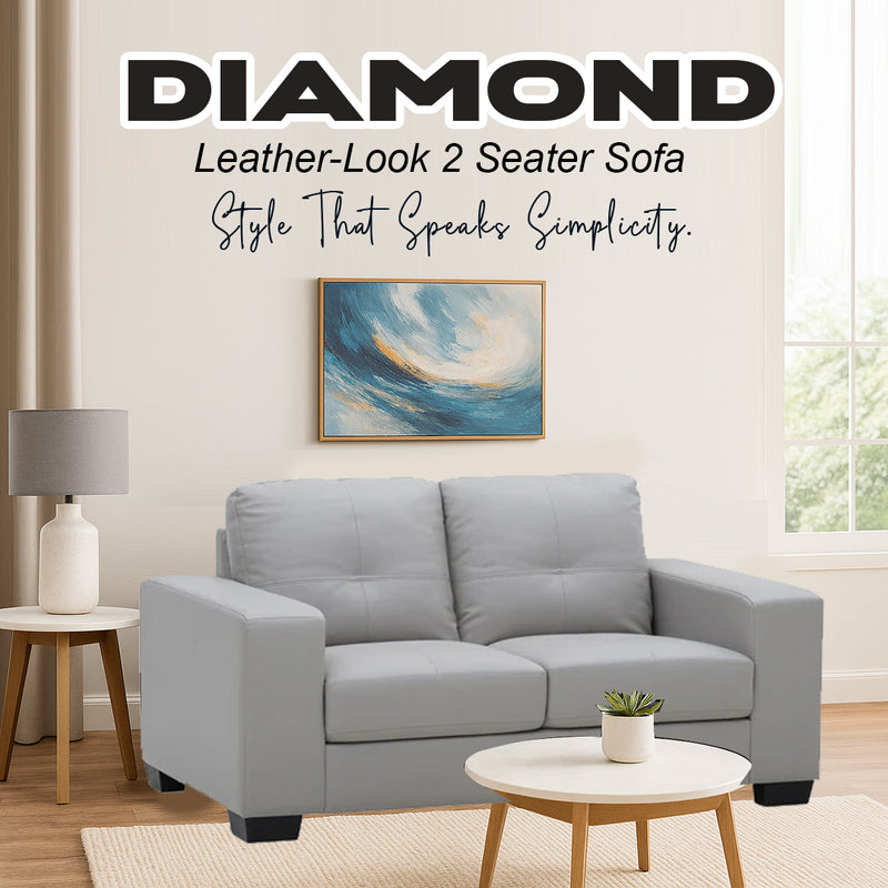 DIAMOND Leather-Look 2 Seater Sofa LIGHT GREYStyleContemporary