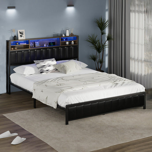 LIVING FUSION WINDHAM FAUX LEATHER QUEEN BED WITH LED