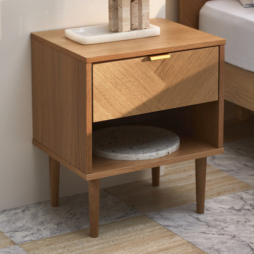 DION HERRINGBONE OAK WOOD BEDSIDE TABLE