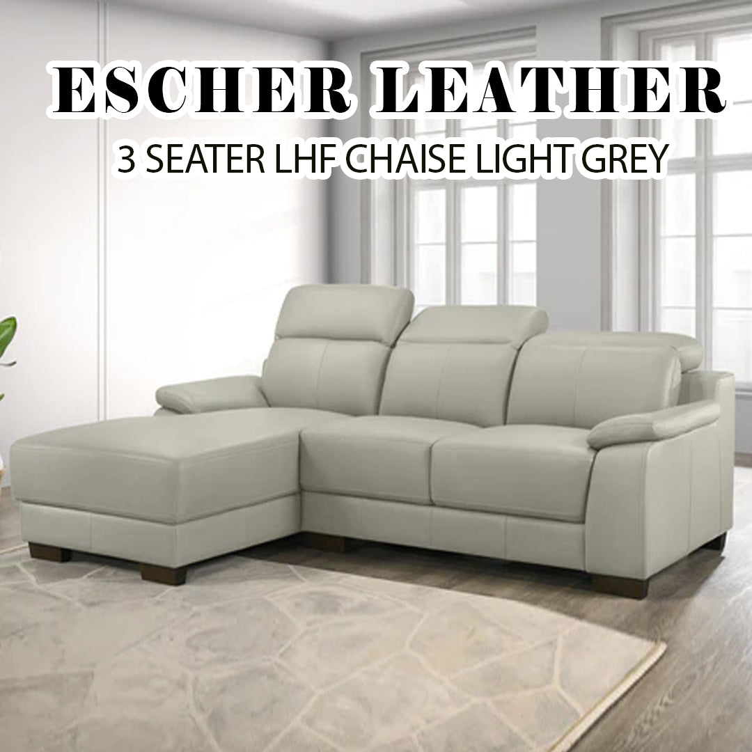 ESCHER LEATHER 3 SEATER LHF CHAISE LIGHT GREY

