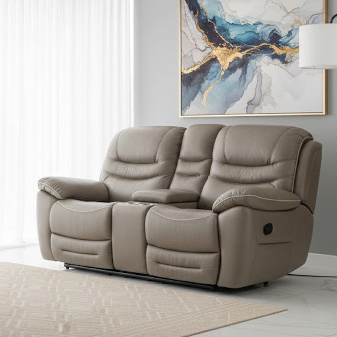 FEDERER FABRIC 2 SEATER WITH INBUILT RECLINERS AND CONSOLE GREY