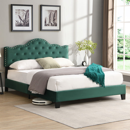 EVIE HOME GREEN HOLT BUTTON-TUFTED VELVET BED FRAME