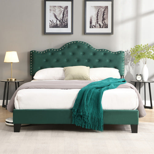 EVIE HOME GREEN HOLT BUTTON-TUFTED VELVET BED FRAME
