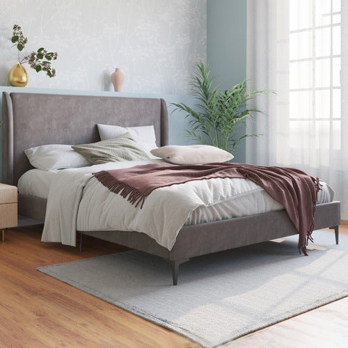 RAWSON & CO GREY ZHENG VELVET BED FRAME WITH BLACK LEGS