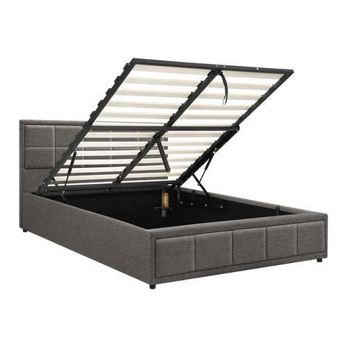 LIVING FUSION GREY REESE UPHOLSTERED GAS LIFT STORAGE BED FRAME