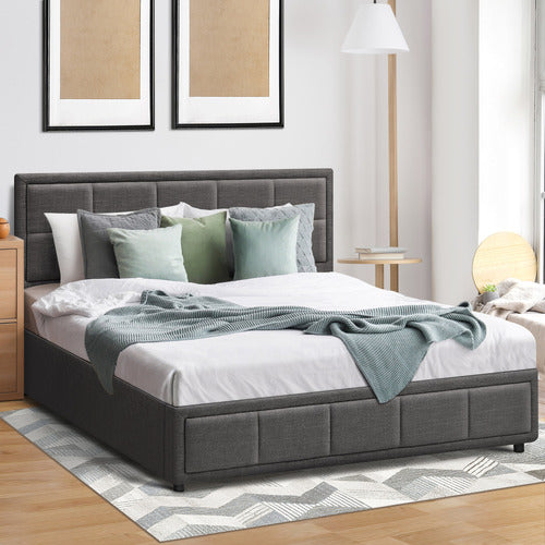 LIVING FUSION GREY REESE UPHOLSTERED GAS LIFT STORAGE BED FRAME