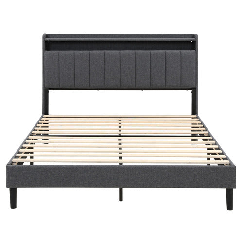 HAVEN COVE FURNITURE GREY LUSAMINE LINEN QUEEN BED WITH LED & CHARGING STATION