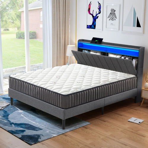 HAVEN COVE FURNITURE GREY LUSAMINE LINEN QUEEN BED WITH LED & CHARGING STATION