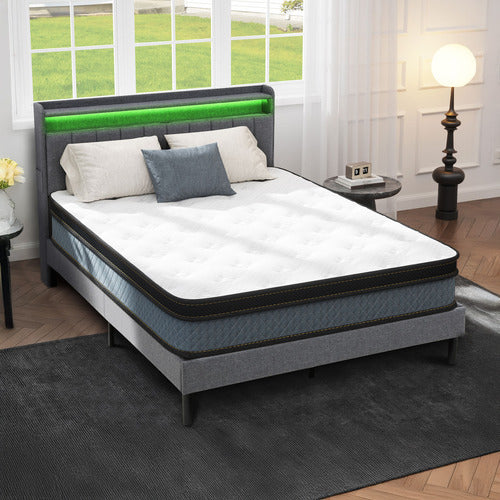 HAVEN COVE FURNITURE GREY LUSAMINE LINEN QUEEN BED WITH LED & CHARGING STATION