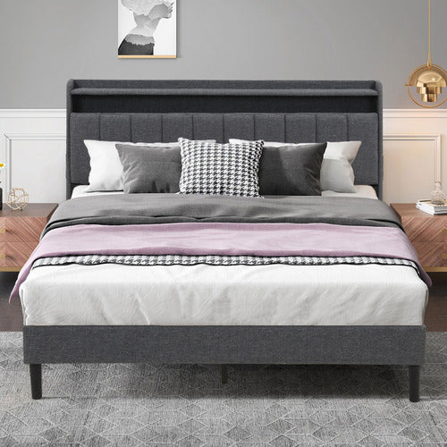 HAVEN COVE FURNITURE GREY LUSAMINE LINEN QUEEN BED WITH LED & CHARGING STATION