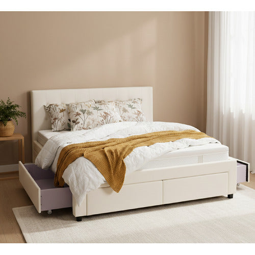 MIKASA FURNITURE JUNE FAUX LEATHER BED FRAME WITH 4 DRAWERS