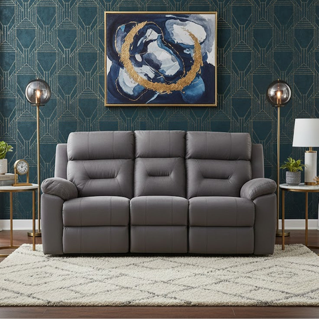 KESWICK FABRIC 3 SEATER WITH 2 INBUILT RECLINERS & DROP DOWN TABLE LIGHT GREY
