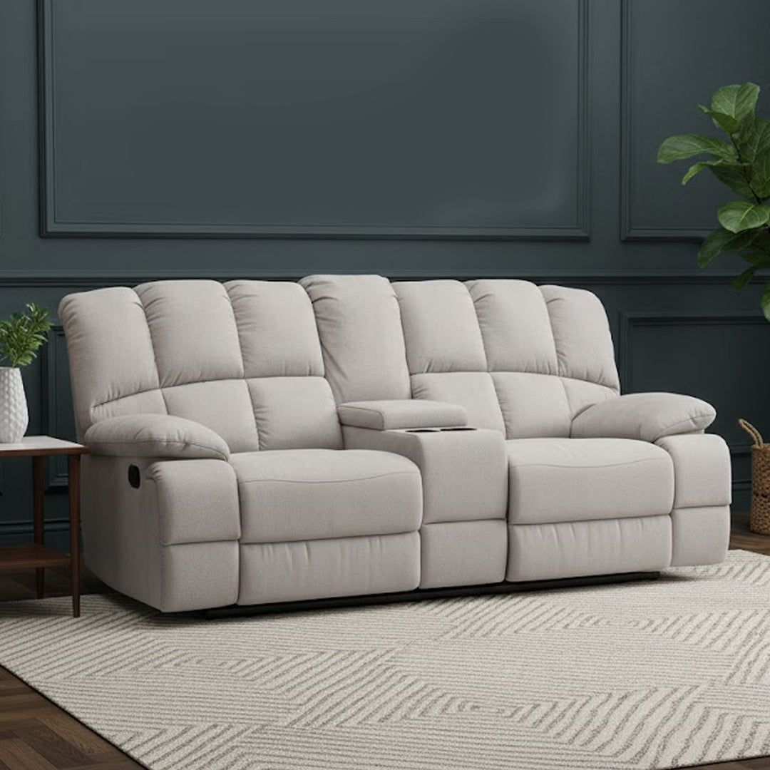 LEBRON FABRIC 2 SEATER WITH RECLINERS AND CONSOLE LIGHT GREY