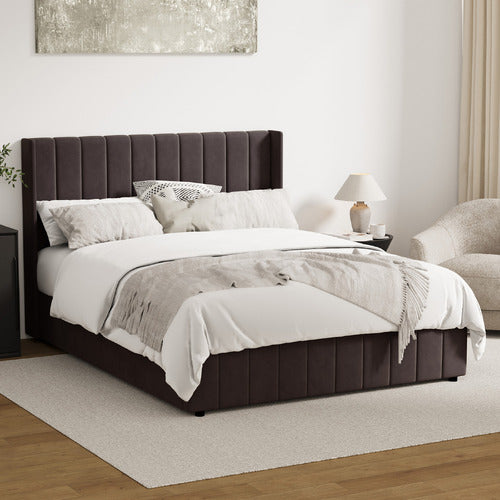 LIVING FUSION MEIER VELVET GAS LIFT STORAGE BED FRAME