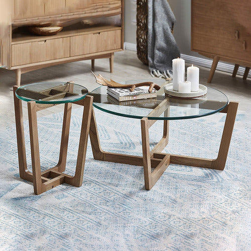 ESTUDIO FURNITURE NATURAL MONTEREY GLASS TOP COFFEE & SIDE TABLE SET