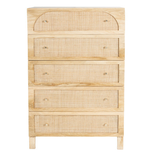 NATURAL ANYA MANGO WOOD & RATTAN 5 DRAWER CHEST